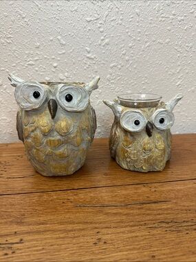Owl Resin Candle Holders - Set of 2 in Brown and Cream
